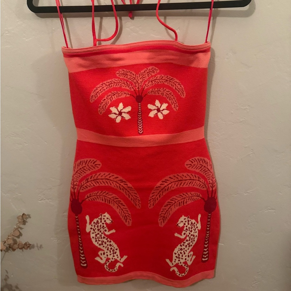 Promesa Red Strapless Mini Dress with Tropical Leopard Print - Picture 2 of 3